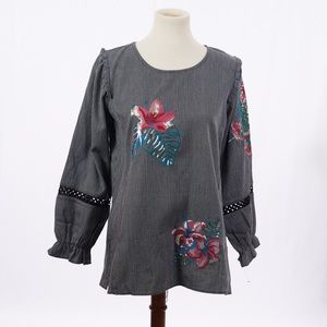 Caleooa women’s Pinstriped Embroidery Sequin Floral Blouse Ruffle Shoulder Boho